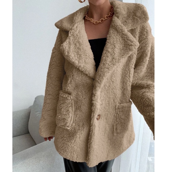 Luxe Solid Teddy Button Pockets Loose Fit Jacket Coat - Picture 3 of 12